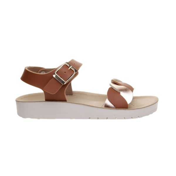 SANDALIAS GEOX RESPIRABLES DE PIEL PARA NIÑAS CON DISEÑO ENTRELAZADO EN COLOR CUERO Y DORADO