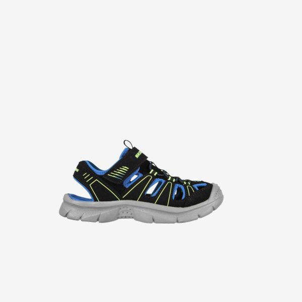 Sandalia de niño de Skechers con puntera reforzada en tonos negros y azules.