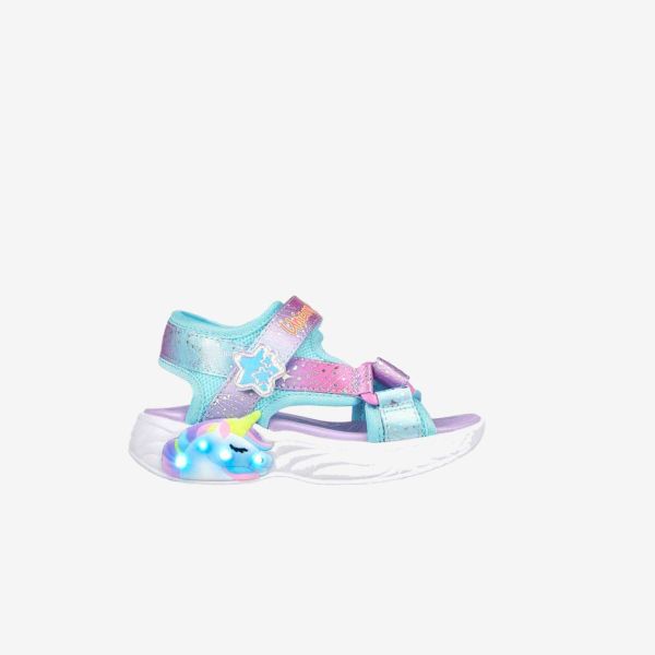 Sandalia con luces para niña en tonos azules y rosa de Skechers.