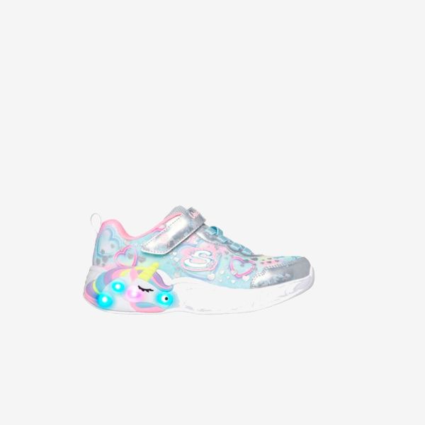 Deportivas unicornio con luz en color celeste y plata de Skechers.